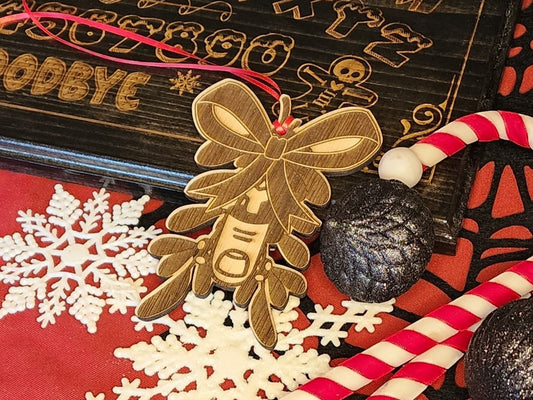 MISTLETOE SEVERED TOE Christmas Ornament Severed Toe and Bow on a Bundle of Mistletoe Spooky Scary Creepy Funny Natural Wood Spooky Creepmas