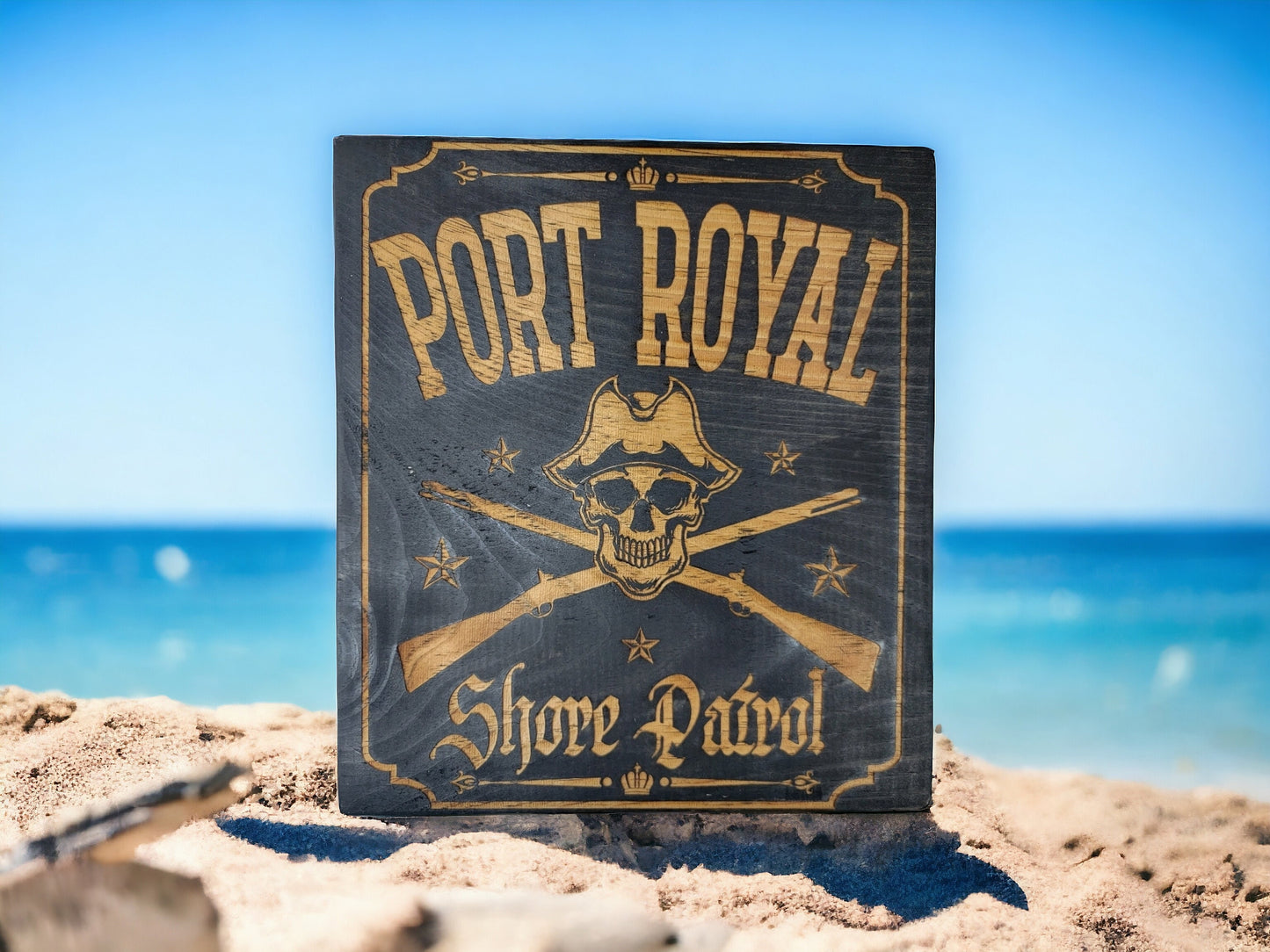 PORT ROYAL Shore PATROL black stained solid wood wall & shelf decor inspired by the once great Jamaican city home of Privateers and Pirates