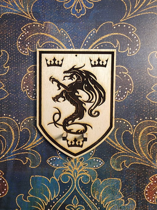 WALL MOUNT for your EGGSCALIBUR Wooden Cooking Spoon Mount Looks Like a Shield with Heraldry Features a Dragon & Three Crowns King Arthur