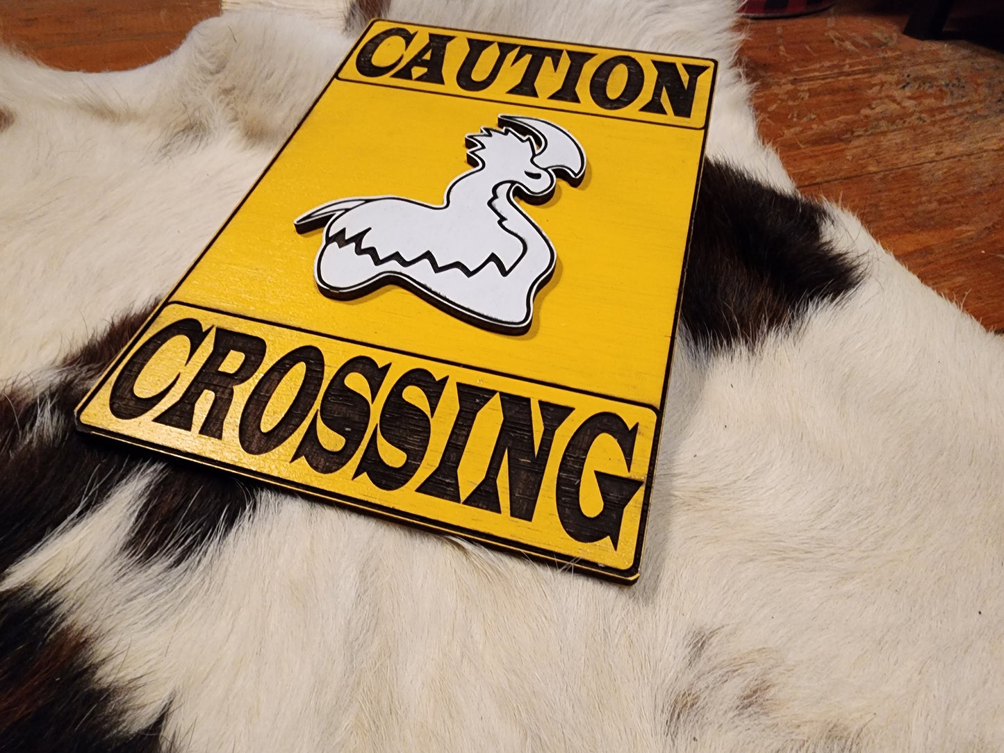 CAUTION THRUMBO CROSSING painted wood wall & shelf decor classic caution sign inspired by Rimworld Colony Sim Video Game