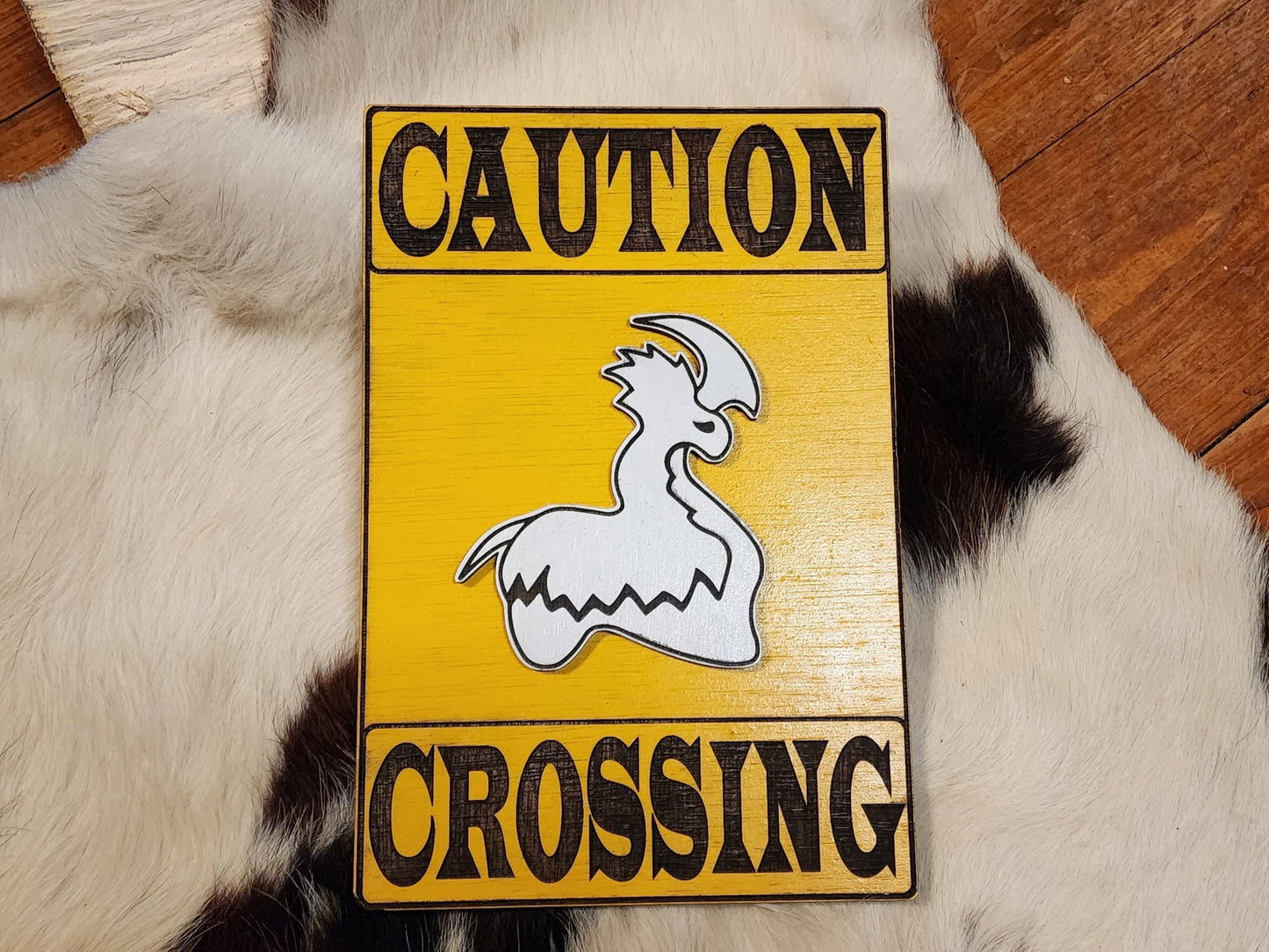 CAUTION THRUMBO CROSSING painted wood wall & shelf decor classic caution sign inspired by Rimworld Colony Sim Video Game