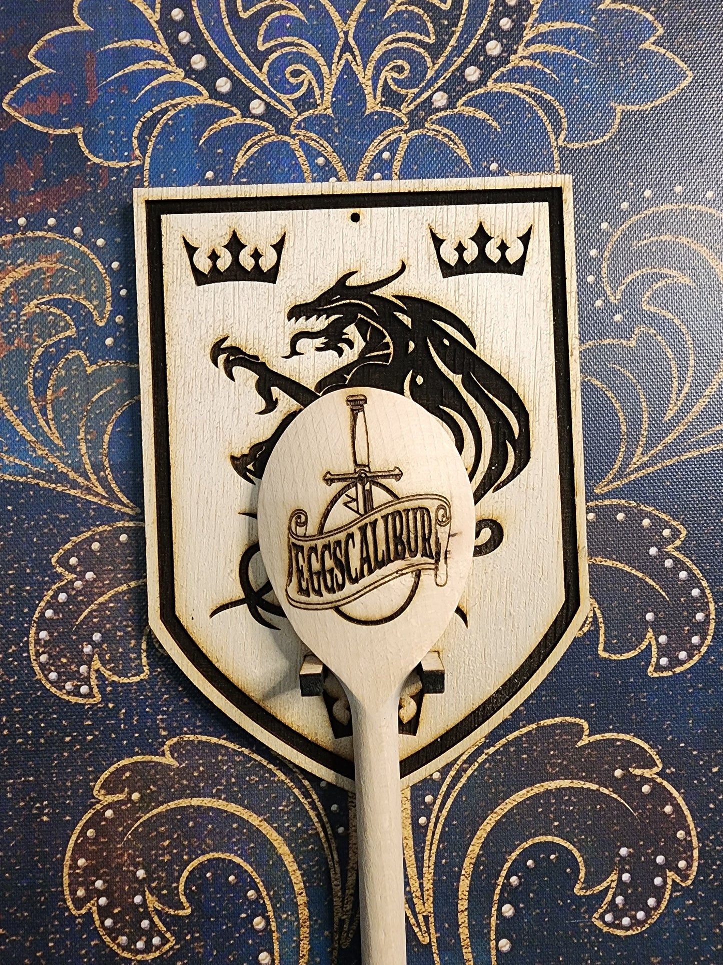 WALL MOUNT for your EGGSCALIBUR Wooden Cooking Spoon Mount Looks Like a Shield with Heraldry Features a Dragon & Three Crowns King Arthur