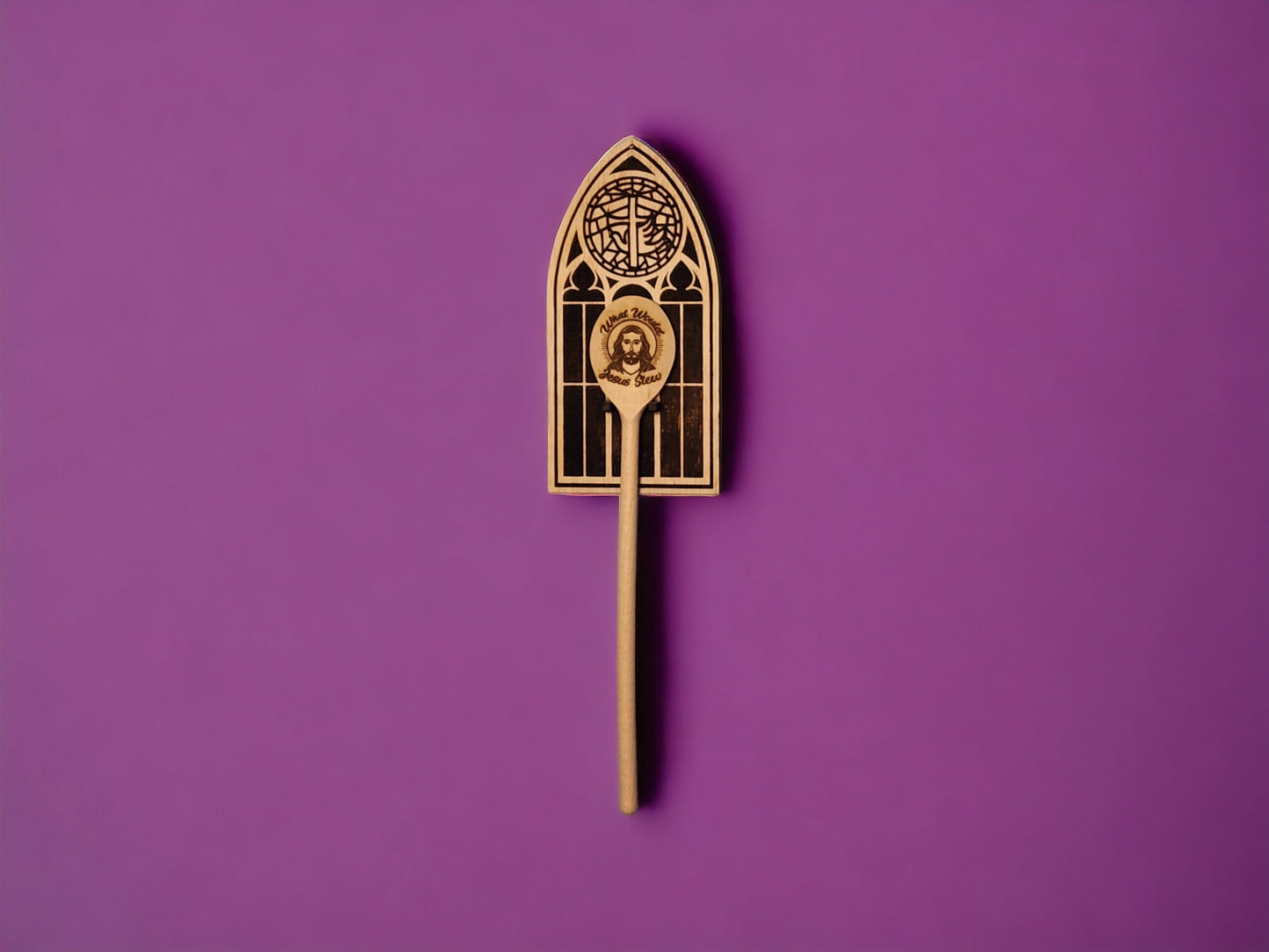 The Original WHAT WOULD JESUS Stew? Wooden Cooking spoon for mixing soup, stew, & brews. Made in the United States of America. Ships fast!