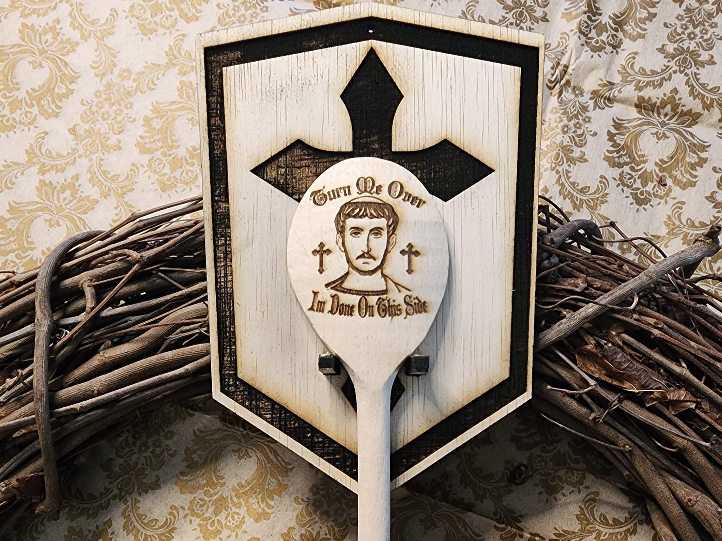 WALL MOUNT for your SPICEBRINGER or St Lawrence Wooden Cooking Spoon Mount Looks Like a Shield with a Medieval Cross Perfect Display Piece