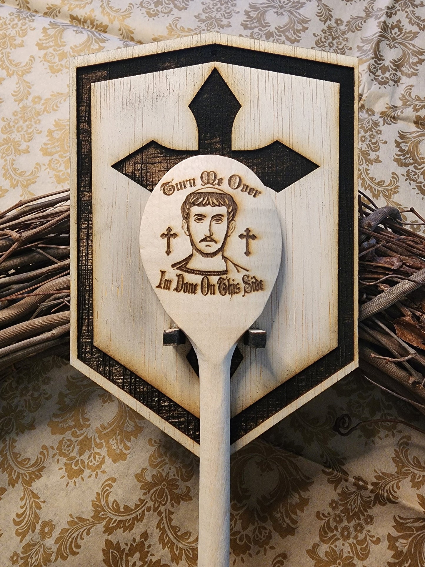 WALL MOUNT for your SPICEBRINGER or St Lawrence Wooden Cooking Spoon Mount Looks Like a Shield with a Medieval Cross Perfect Display Piece