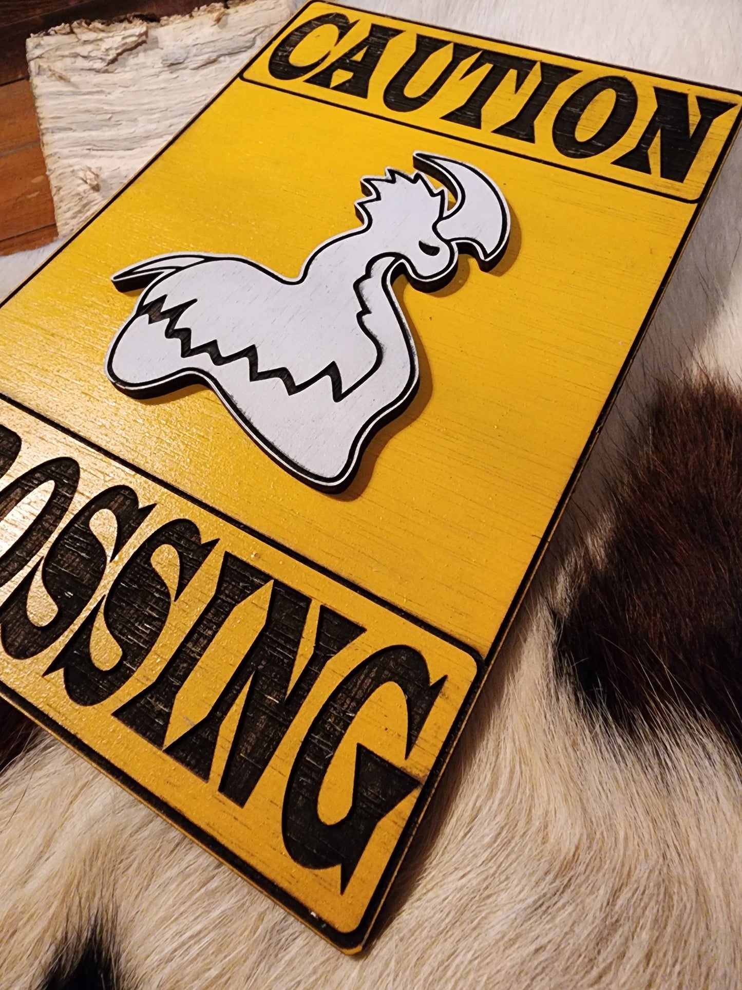 CAUTION THRUMBO CROSSING painted wood wall & shelf decor classic caution sign inspired by Rimworld Colony Sim Video Game