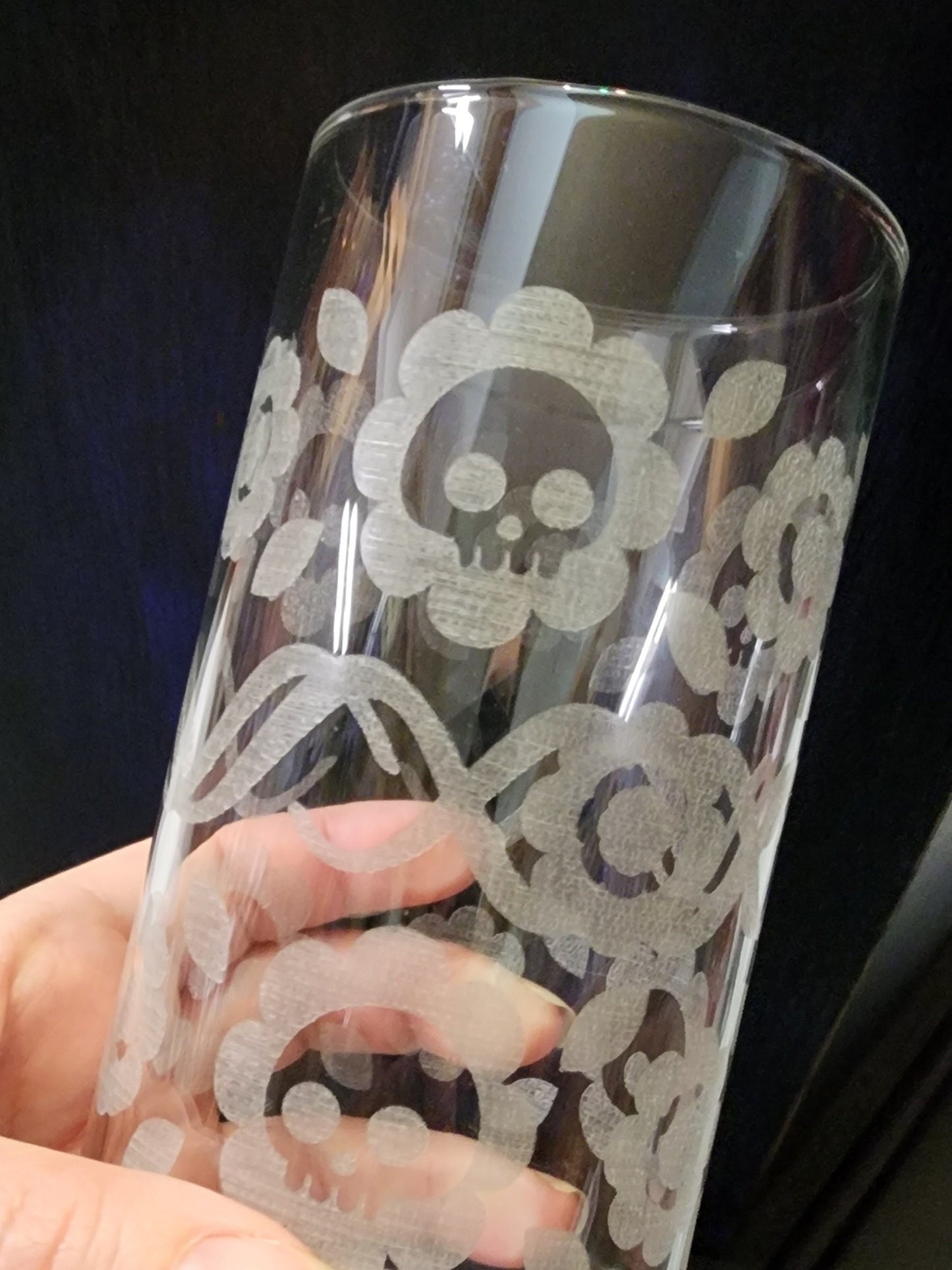 SKULL GLASS TUMBLER featuring Skulls and Daisies in an Original Pattern Inspired by Vintage Corelle 19oz Tall Borosilicate Drinking Glass