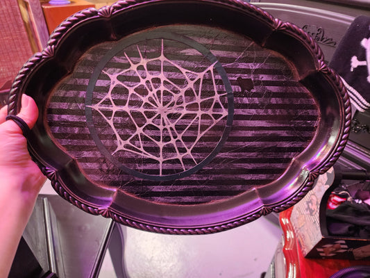 UPCYCLED BLACK WEB Metal Tray | Trinket Tray | Treasure Display | Forest Witch | Bog Witch | Witchy Decor | Nature Decor | Spiderweb | Goth