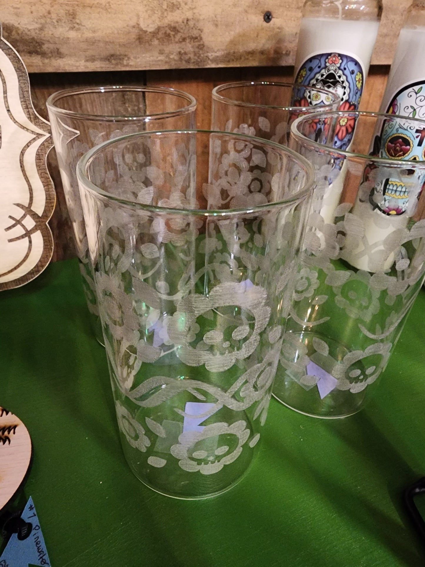 SKULL GLASS TUMBLER featuring Skulls and Daisies in an Original Pattern Inspired by Vintage Corelle 19oz Tall Borosilicate Drinking Glass