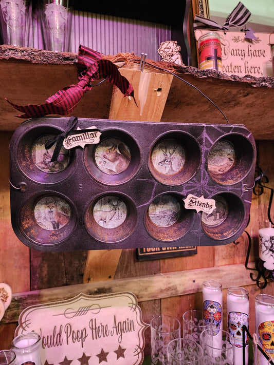UPCYCLED CUPCAKE TIN Familiar Friends  Wall or Shelf Decor Features Woodland Creatures | Halloween Spooky Goth Forest Witch Aesthetic