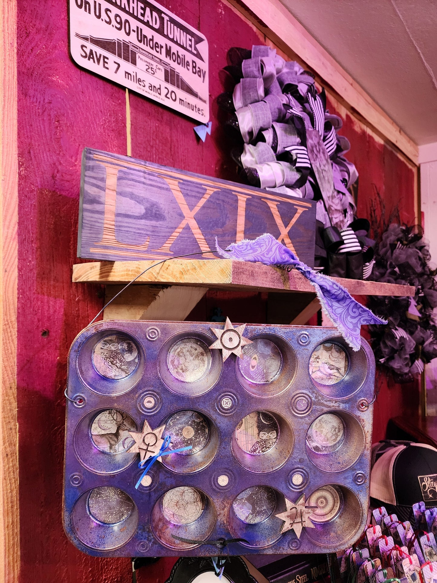 UPCYCLED CUPCAKE TIN Celestial Alchemy Wall or Shelf Decor Features Woodland Creatures | Heavenly Planets Goth Kitchen Witch Aesthetic