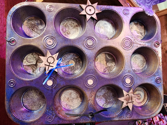 UPCYCLED CUPCAKE TIN Celestial Alchemy Wall or Shelf Decor Features Woodland Creatures | Heavenly Planets Goth Kitchen Witch Aesthetic