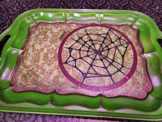 UPCYCLED GREEN WEB Metal Tray | Trinket Tray | Treasure Display | Forest Witch | Bog Witch | Witchy Decor | Nature Decor | Spiderweb | Goth