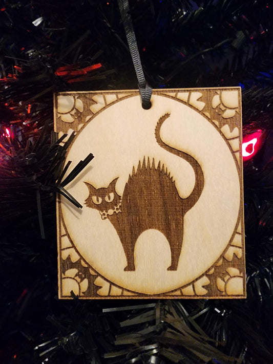 SCAREDY CAT ORNAMENT with bat frame detail | Cat Silhouette with Bats | Spooky Season Tree Decor | Made in Alabama in the United States