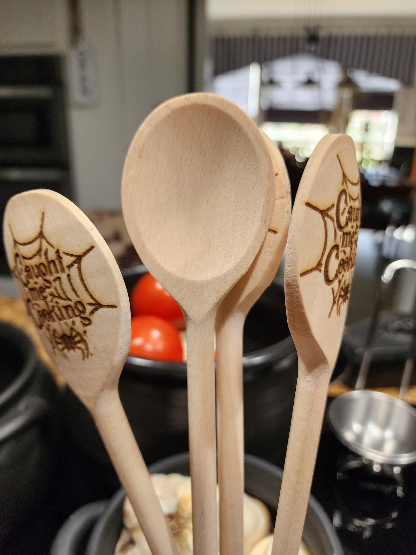 CAUGHT ME COOKING Wooden Cooking Spoon | Spiderweb Spoon | Spooky Kitchen Utensil | Laser Engraved Original Design | Gift For Spooky Season