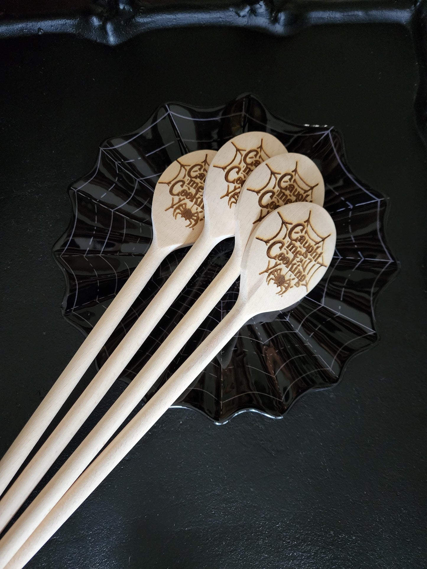 CAUGHT ME COOKING Wooden Cooking Spoon | Spiderweb Spoon | Spooky Kitchen Utensil | Laser Engraved Original Design | Gift For Spooky Season