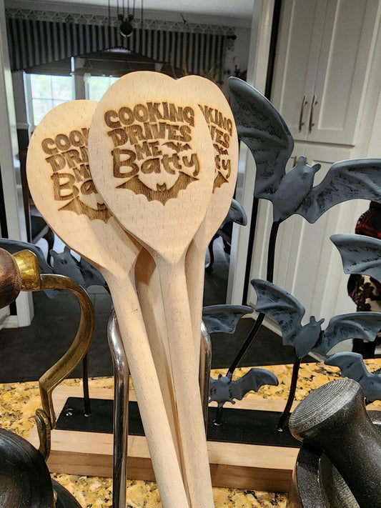 BATTY WOODEN SPOON Cooking Drives Me Batty | Bat Spoon | Spooky Kitchen Utensil | Laser Engraved Original Design | Gift For Spooky Season