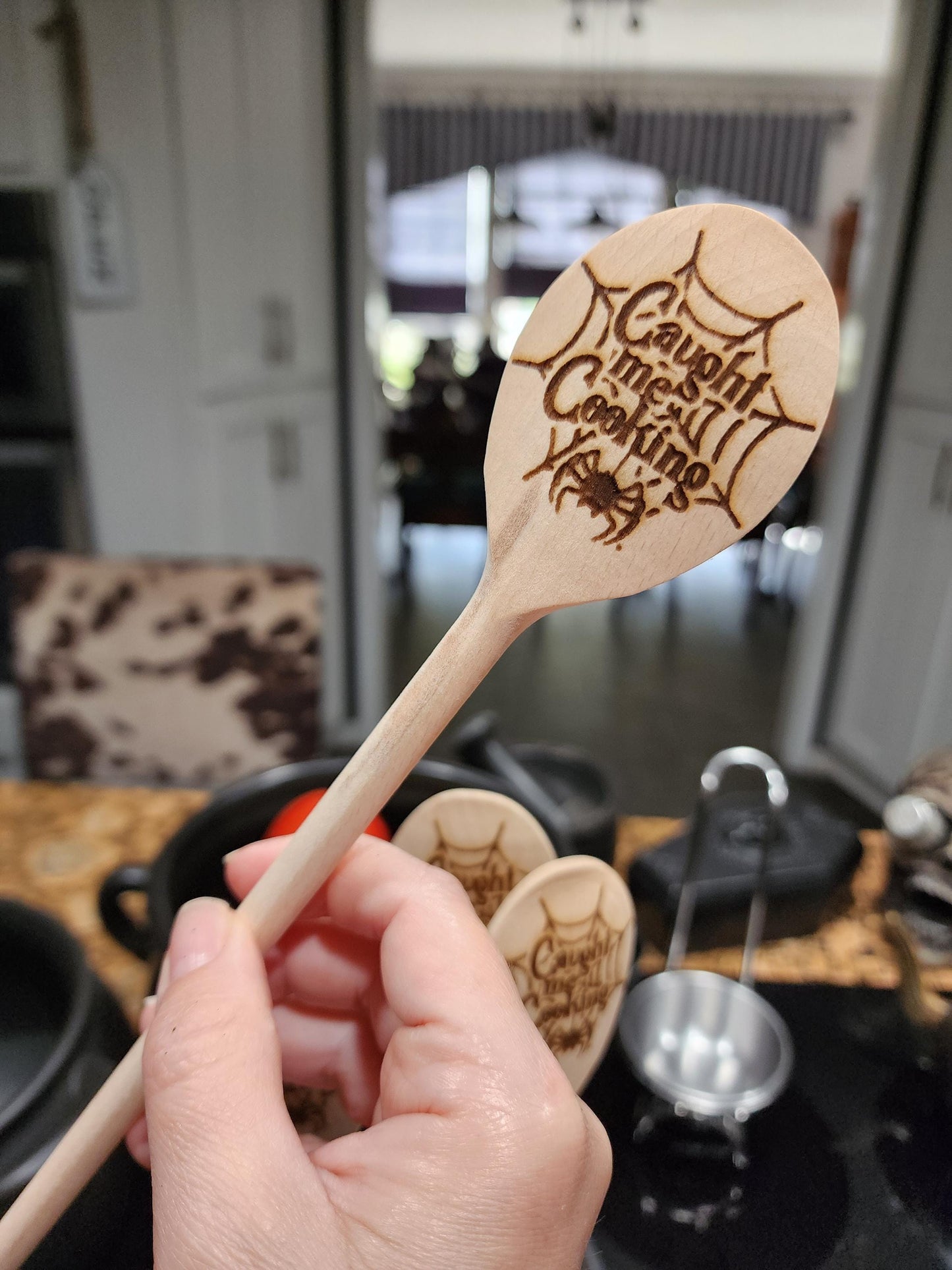CAUGHT ME COOKING Wooden Cooking Spoon | Spiderweb Spoon | Spooky Kitchen Utensil | Laser Engraved Original Design | Gift For Spooky Season