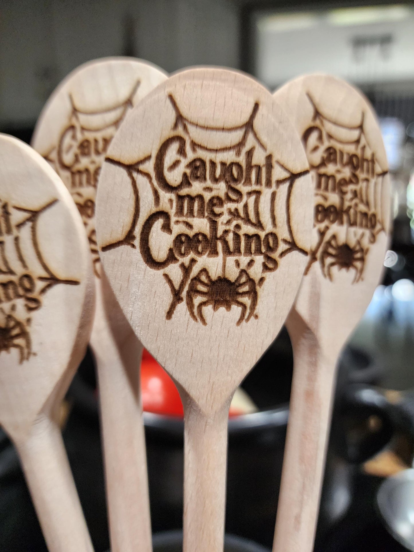 CAUGHT ME COOKING Wooden Cooking Spoon | Spiderweb Spoon | Spooky Kitchen Utensil | Laser Engraved Original Design | Gift For Spooky Season