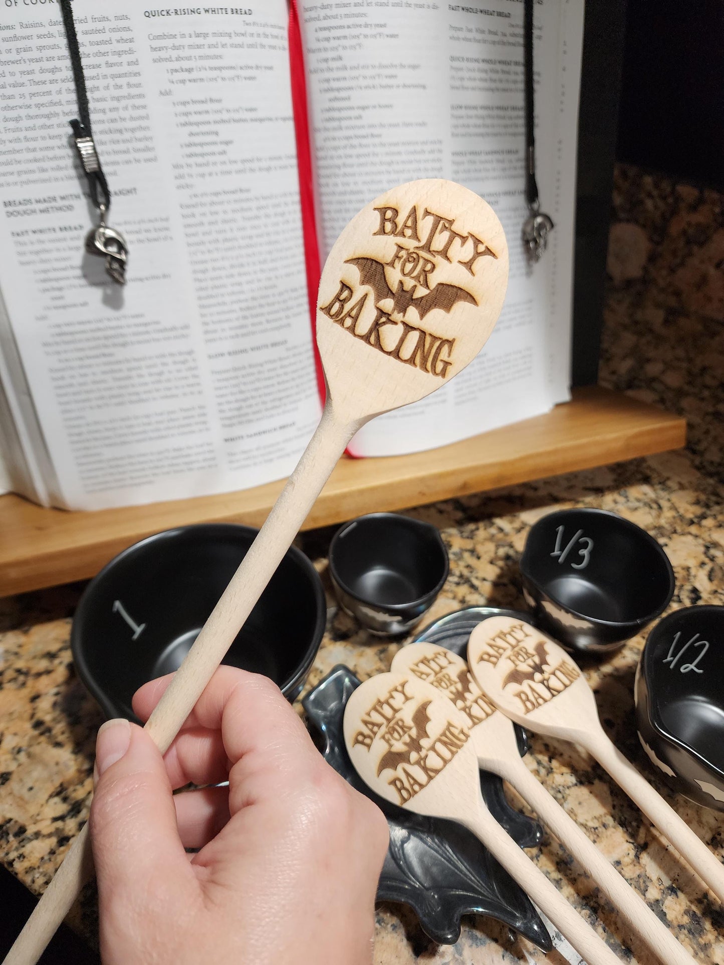 BATTY FOR BAKING Batty For Baking Wooden Spoon | Bat Spoon | Spooky Kitchen Utensil | Laser Engraved Original Design | Gift For Bakers